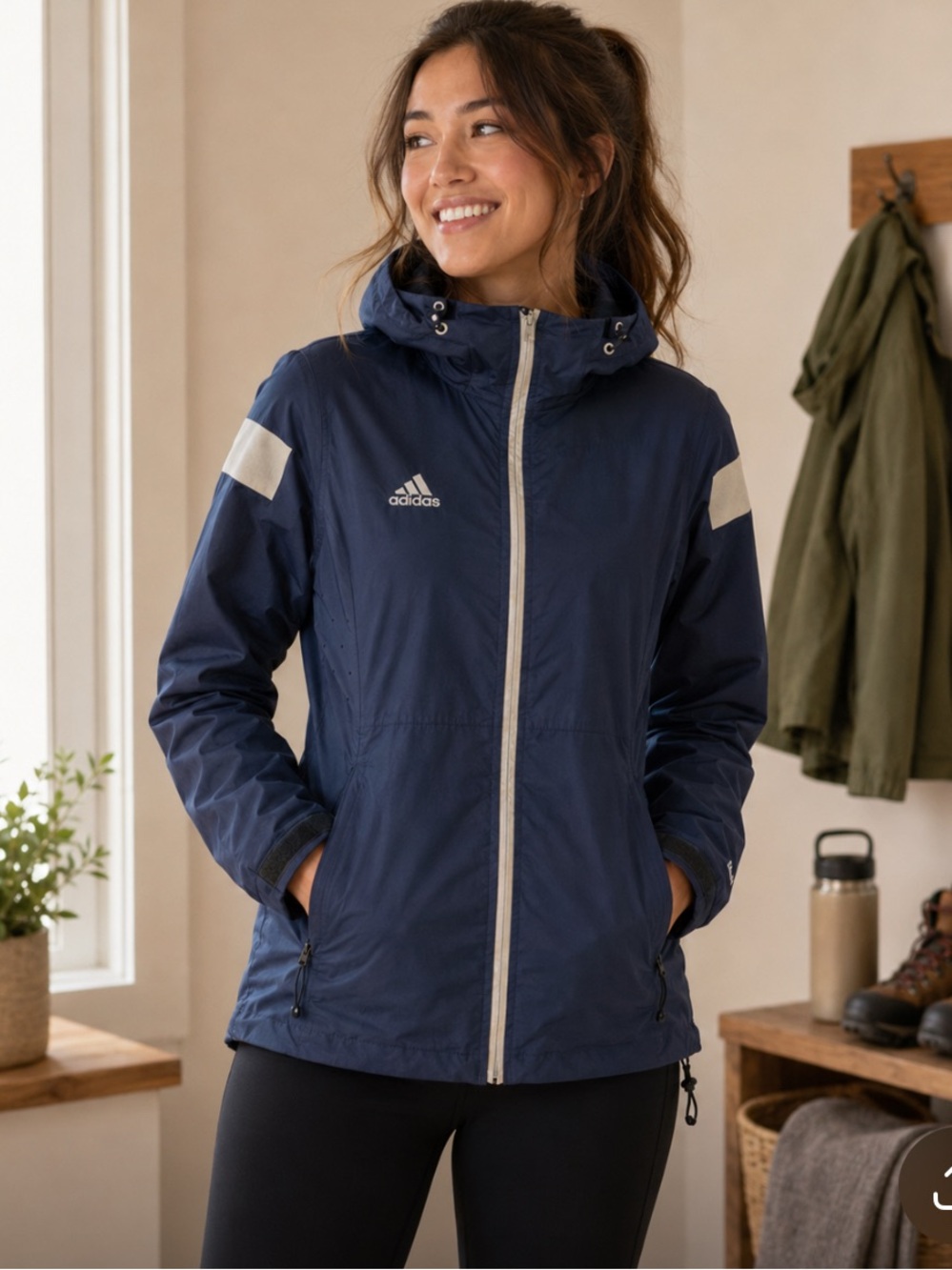 adidas Navy Hooded Windbreaker with White Trim